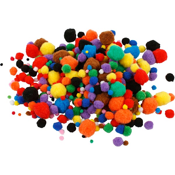 Bunte Bastelpompons in verschiedenen Größen aus weichem Material zum Basteln und Dekorieren.