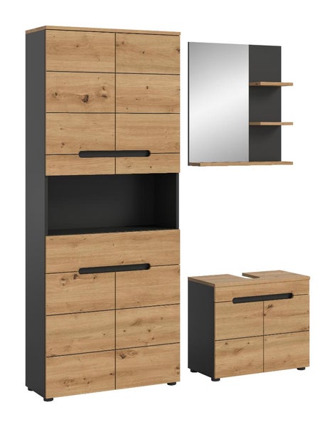 Dreiteiliges Badezimmermöbel-Set bestehend aus Hochschrank, Waschbeckenunterschrank und Spiegelregal in Eiche-Optik und Anthrazit.