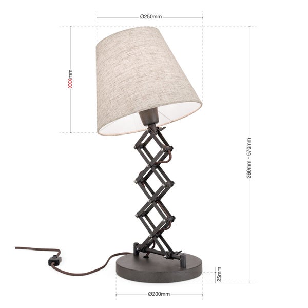 Tischleuchte mit Scherenarm und Stoffschirm