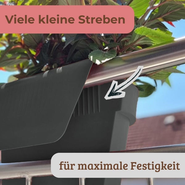 Balkonblumenkasten mit vielen kleinen Streben für maximale Festigkeit am Geländer.