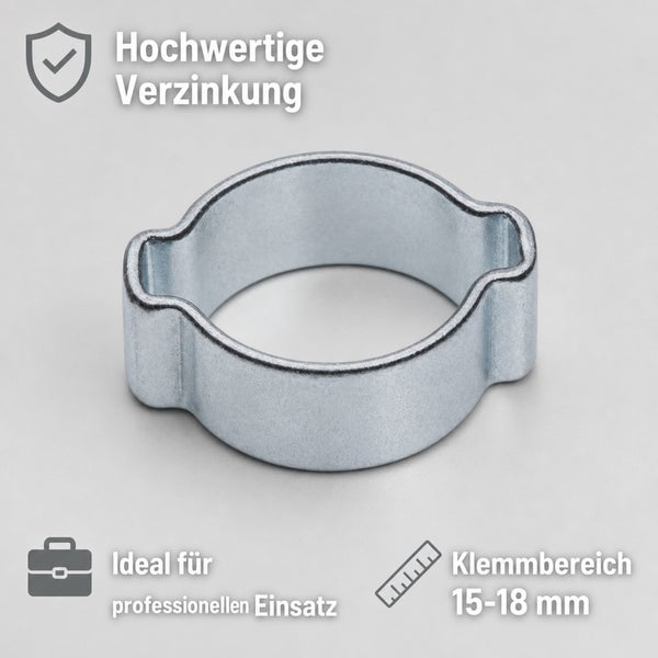 Eine verzinkte Ohrschelle mit einem Klemmbereich von 15 bis 18 Millimeter für den professionellen Einsatz.