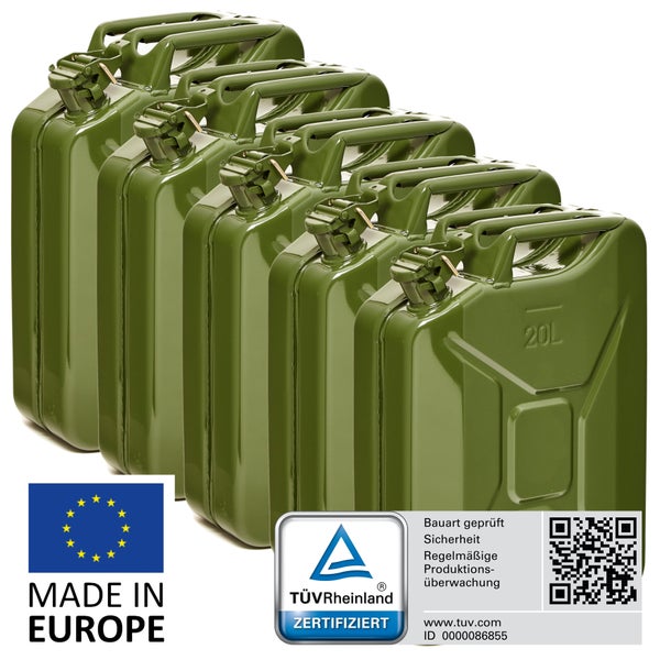BW® Kraftstoffkanister Metall Benzinkanister 5x 20 Liter - Olivgrün - RAL 6003 - TÜV-geprüft und UN-Zulassung - Made in Europe
