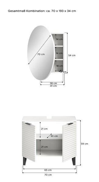 Maße für Badezimmermöbel Kombination aus rundem Spiegelschrank und Unterschrank, Gesamtmaß circa 70 mal 193 mal 34 Zentimeter.