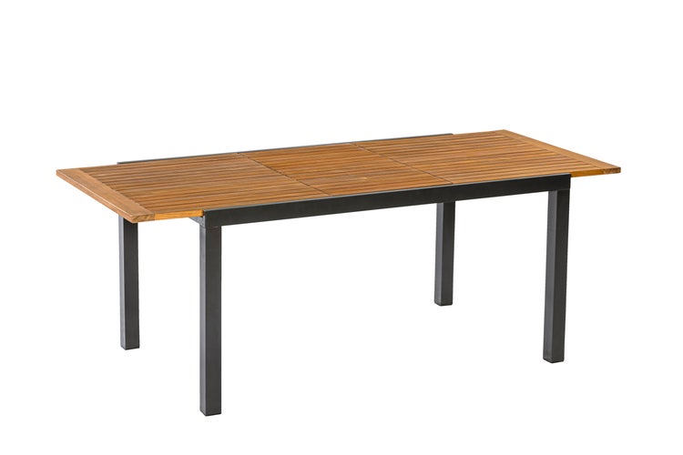 Rechteckiger Gartentisch mit einer Tischplatte aus Holzlatten und einem dunklen Metallgestell.