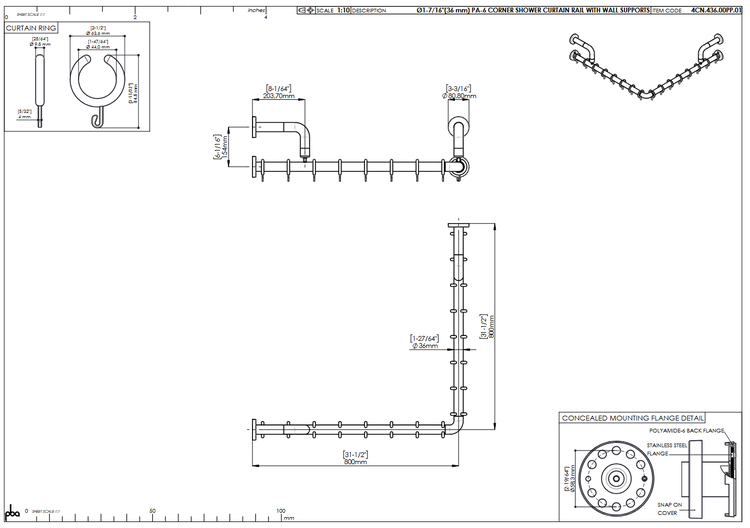 Technische Zeichnung einer Eck-Duschvorhangstange mit Wandhalterungen und Ringen, inklusive Maßangaben in Millimeter.
