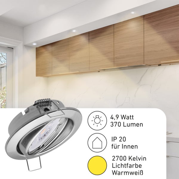 LED Einbaustrahler in einer modernen Küche mit technischen Angaben zu Leistung, Lichtstrom, Schutzart und Lichtfarbe.
