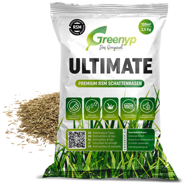 Greenyp® Ultimate I Premium RSM Schattenrasen mit 100% RSM Gräsern I 2,5kg für 100m² I Nachsaat Grassamen Rasensamen Rasensaat Gras für schattige & trockene Standorte