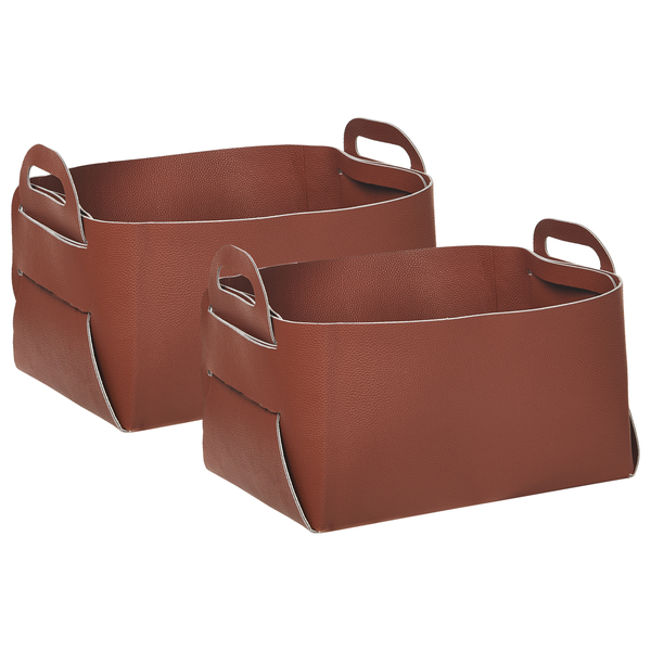 Zwei braune Aufbewahrungskörbe aus Kunstleder mit Tragegriffen