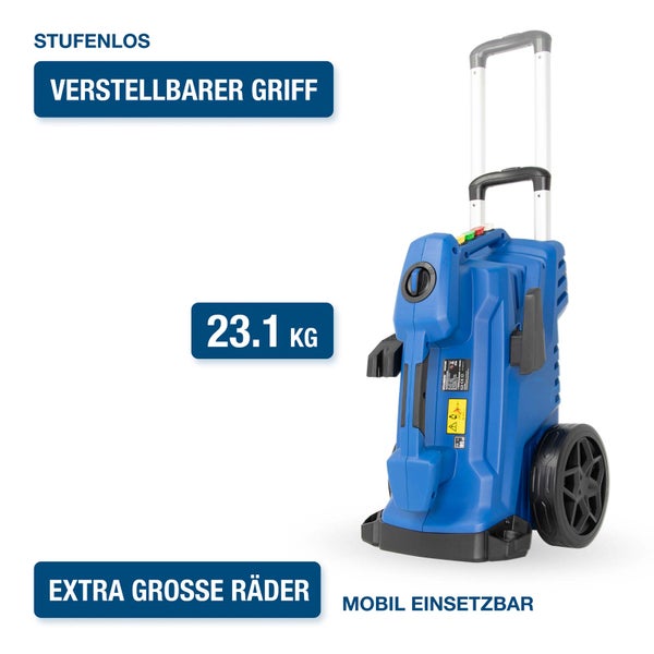 Hochdruckreiniger mit stufenlos verstellbarem Griff, extra großen Rädern, mobil einsetzbar, Gewicht 23,1 Kilogramm.