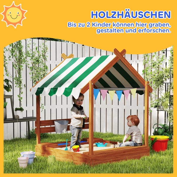 Sandkasten aus Holz mit gestreiftem Sonnenschutzdach und spielenden Kindern