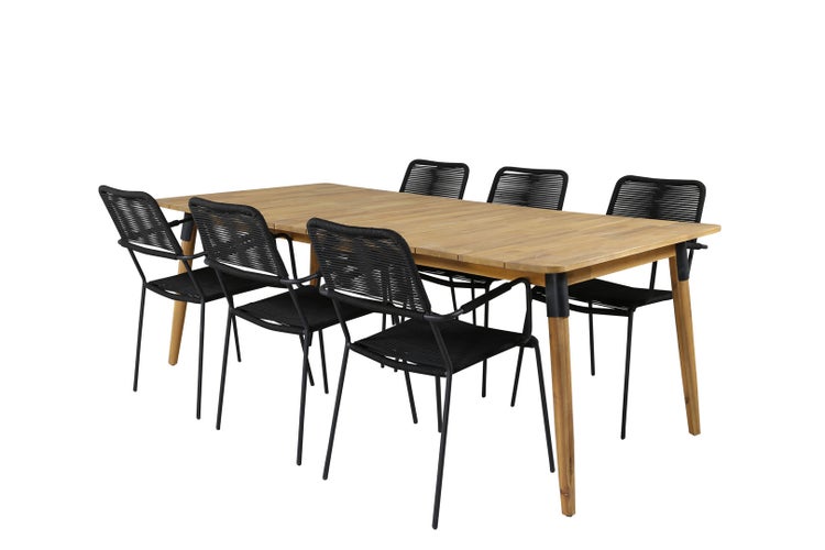 Julian Gartenset Tisch 100x210cm und 6 Stühle Armlehne Lindos schwarz, natur. 100 X 210 X 75 cm