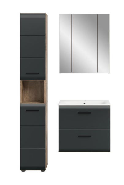 Badezimmermöbel-Set bestehend aus Hochschrank mit offenem Fach, Waschbeckenunterschrank mit Waschtisch und Spiegelschrank in Anthrazit und Eiche-Optik.