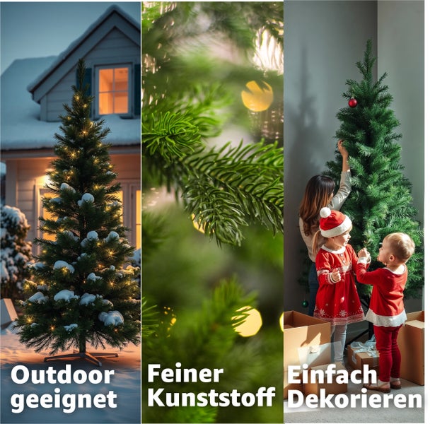 Kollage mit einem künstlichen Weihnachtsbaum, der für den Aussenbereich geeignet ist und sich einfach dekorieren lässt