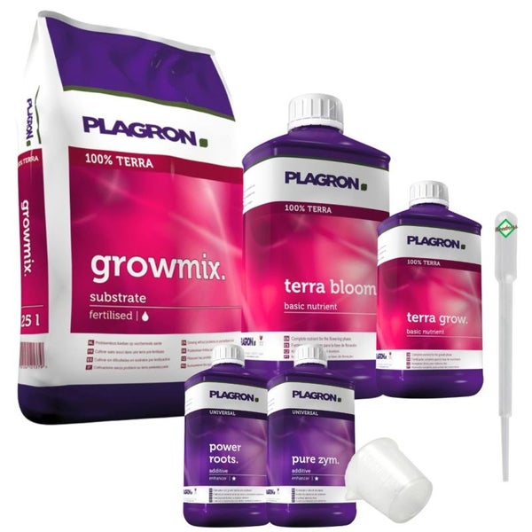 Plagron Growmix Erde-Set Medium 50L – Komplettes Set mit Terra Grow & Bloom Dünger, Pure Enzym & Power Roots – Für optimales Wachstum & gesunde Blüte mit Weedness Pipette