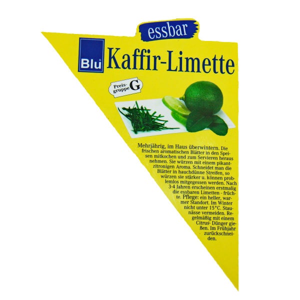 Pflanzetikett für Blu Kaffir-Limette mit Blu Logo, Symbol für Essbarkeit, Abbildungen der Frucht und Blätter sowie Pflegehinweisen.