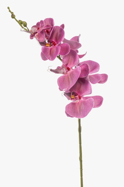Künstliche Orchidee Phalaenopsis mit violetten Blüten und grünen Knospen an einem langen Stiel.