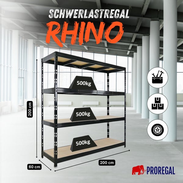Schwerlastregal Rhino PROREGAL, Metall, 4 Holzböden, 200 Zentimeter hoch und breit, 60 Zentimeter tief, Tragkraft 500 Kilogramm pro Boden.