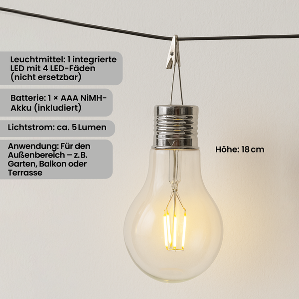 Dekorative LED-Lampe in Glühbirnenform mit Clip zur Befestigung, 18 cm hoch
