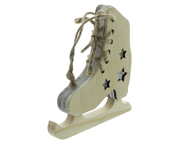FRANK FLECHTWAREN | LED-Schlittschuh Sternchen, 16,5 x 15 x 2,5 cm, BUCHE, ACRYL, JUTE,