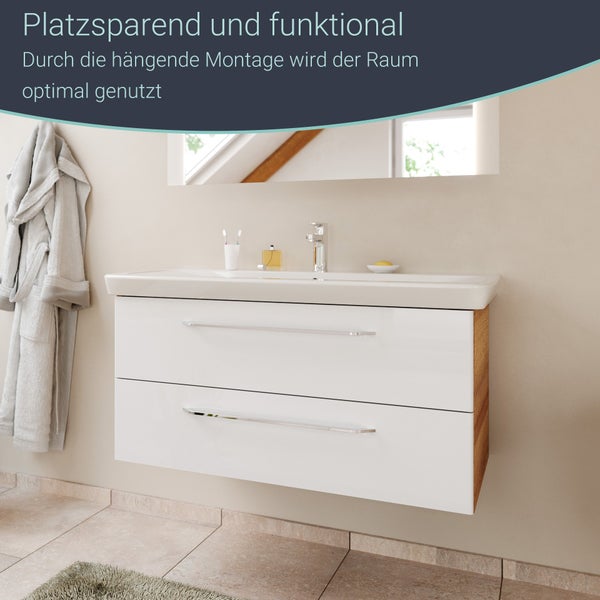FACKELMANN MILANO Badmöbel Set 2 Teile – Waschtisch mit Unterschrank fürs Bad – Waschbeckenunterschrank mit Schubladen in Weiß mit Holz braun – Badschrank hängend – 100 cm breit