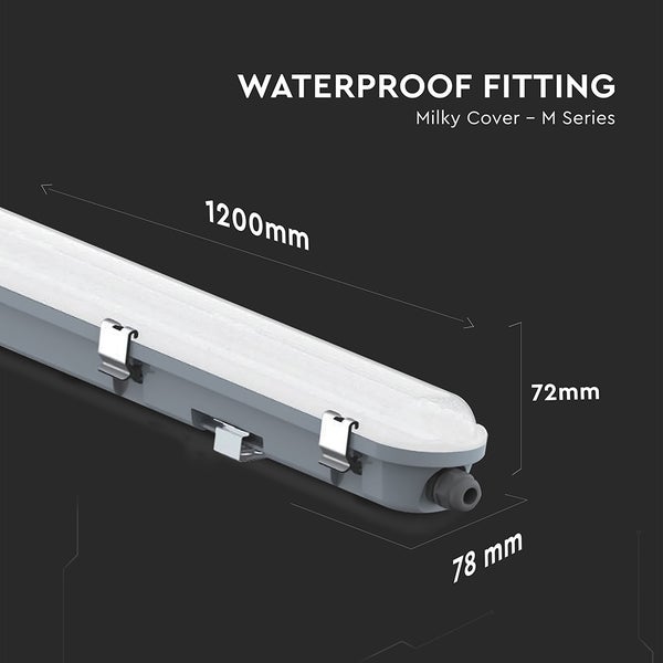 Wasserdichte Leuchte mit den Maßen 1200 mm Länge, 72 mm Höhe und 78 mm Breite.