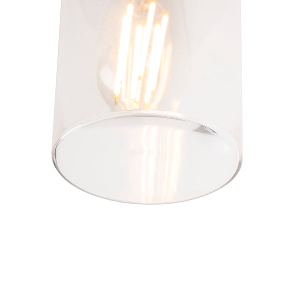 Zylindrischer Lampenschirm aus klarem Glas mit leuchtender LED-Filamentlampe.
