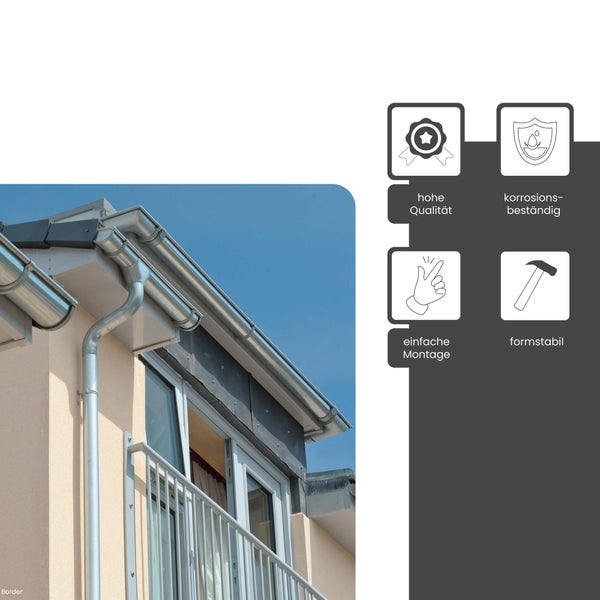 Dachrinnensystem am Gebäude mit Symbolen für hohe Qualität, Korrosionsbeständigkeit, einfache Montage und Formstabilität