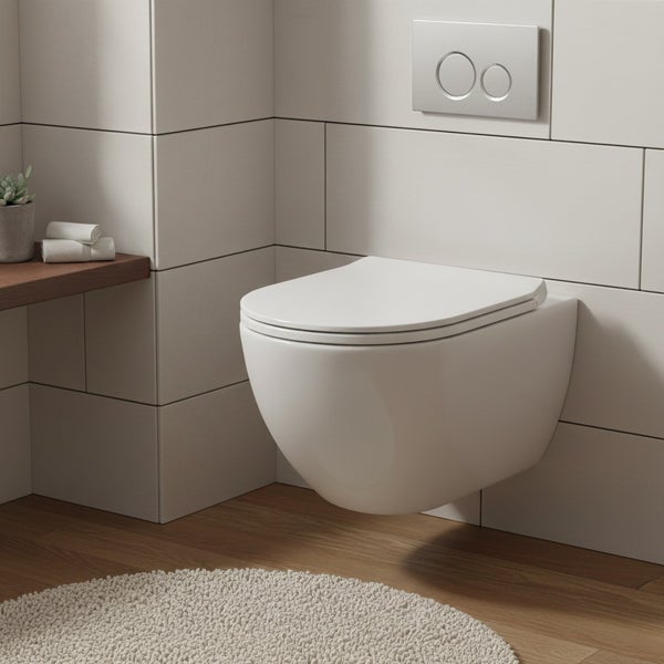 Wandhängendes WC im Badezimmer mit Fliesen und Holzboden