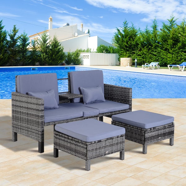 Outsunny 3-tlg. Gartensofa, Sitzgruppe Grau, 2er-Sofa, 2 x Hocker Kissen, L162 x B65 x H86 cm, Polyrattan + Metall, Grau