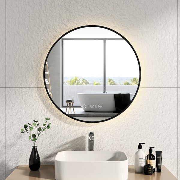 EMKE Badspiegel mit Beleuchtung, runder LED-Spiegel mit Touchschalter und Uhr, Badspiegel mit schwarzen Rahmen, ф70cm, Neutralweiß