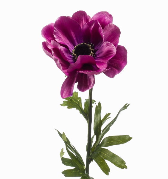 Künstliche Anemone mit violetten Blütenblättern und dunkler Mitte aus Textil.