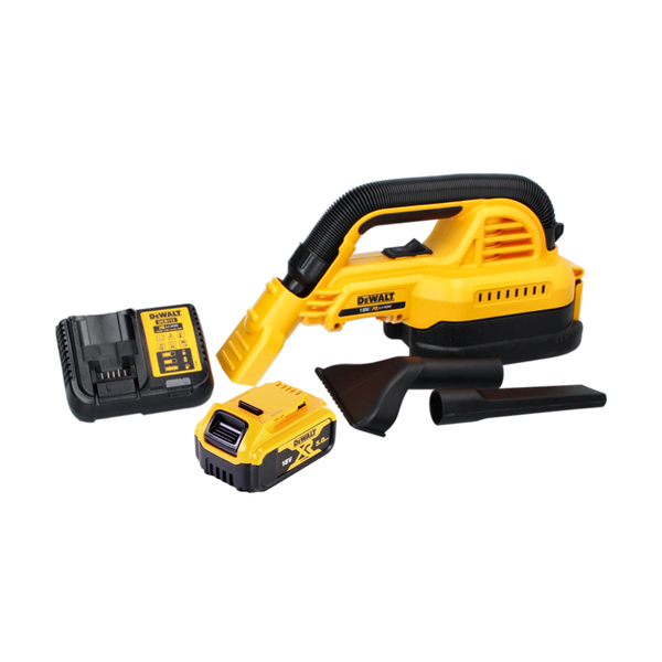 DeWALT 18 Volt Akku-Handsauger inklusive Akku, Ladegerät und zwei Düsenaufsätzen.