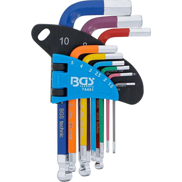 Neunteiliger Winkelschlüssel-Satz mit Kugelkopf von BGS technic in den Größen von 1,5 bis 10 Millimeter.