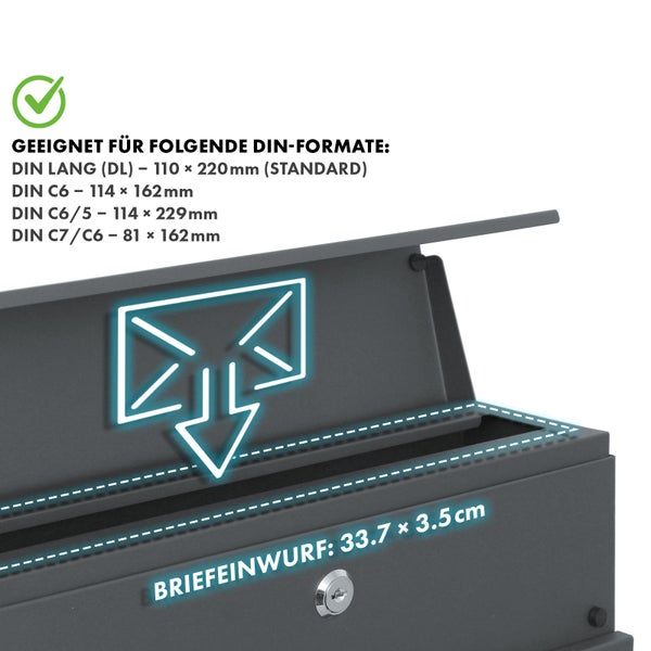 FLOORDIREKT Briefkasten Armand - Stahl Wandbriefkasten mit Zeitungsfach und C4-Einwurfklappe
