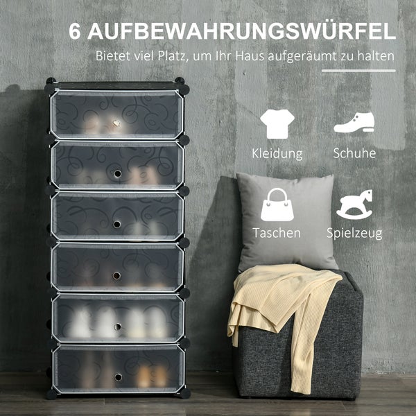 HOMCOM Schuhregal Kunststoffregal für 6 Paar Schuhe Schuhkarton für Flur DIY Steckregal Aufbewahrung von Schuhen Kunststoff Stahl Schwarz+Weiß 49 x 36,5 x 108 cm