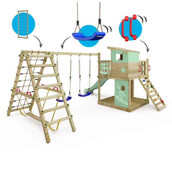 WICKEY Spielturm Klettergerüst Smart Surf mit Schaukel und Rutsche, Kletterturm mit Sandkasten, Leiter und Spiel-Zubehör – pastellgrün
