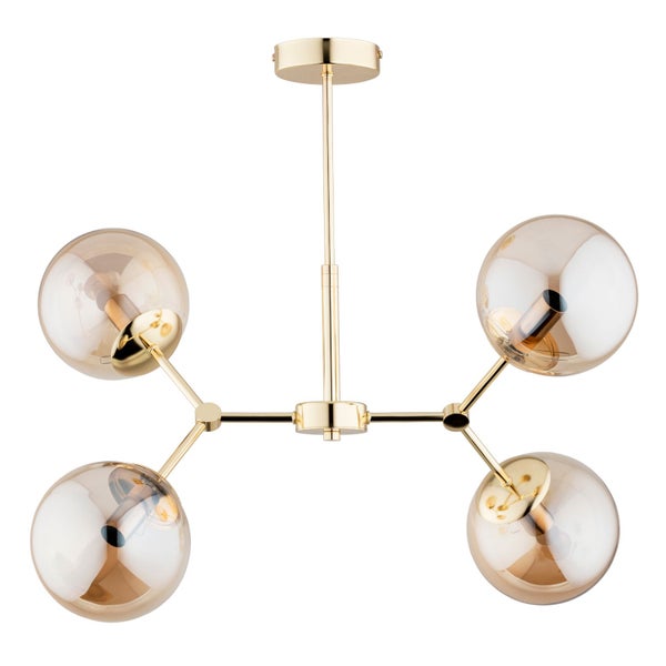 Vierflammige Deckenleuchte mit Glaskugeln und Metallgestell im modernen Design