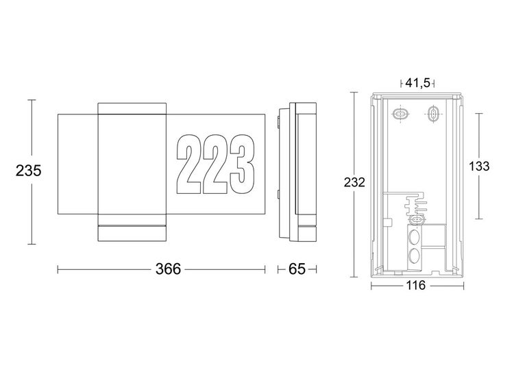 Technische Zeichnung einer Hausnummer mit Maßangaben