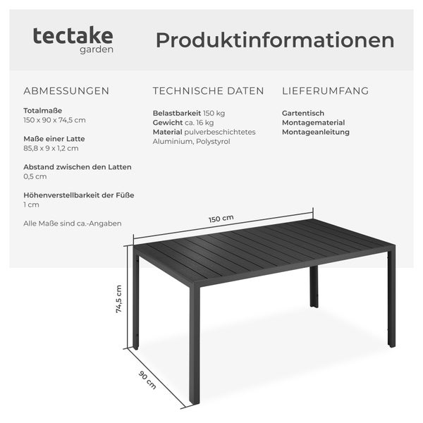 Gartentisch tectake Bianca 150 x 90 x 74,5 cm aus Aluminium und Kunststoff schwarz/schwarz