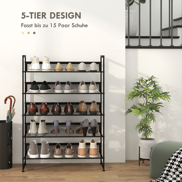 HOMCOM Schuhregal, Schuhständer mit 5 Ebenen, Schuhablage für max. 15 Paar Schuhe, Schuh-Organizer mit Griff für Eingang, Schlafzimmer, Stahl, 72 x 30 x 102 cm, Schwarz
