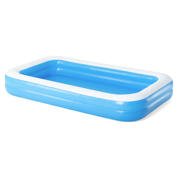 Aufblasbarer rechteckiger Pool in Blau und Weiß mit zwei Ringen.