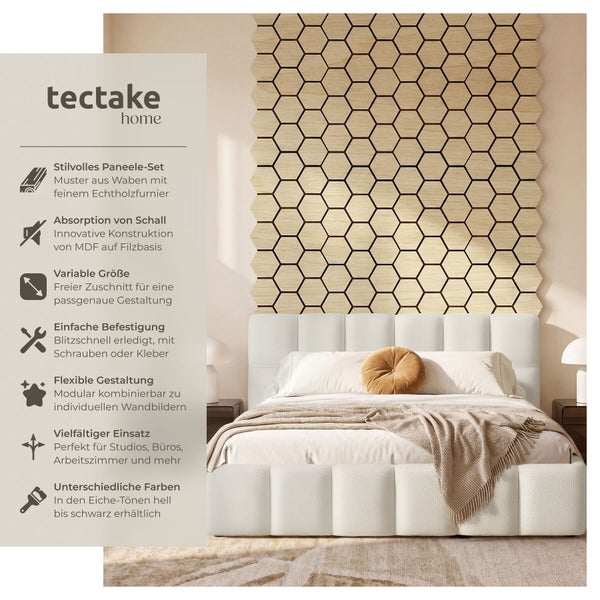 tectake home Logo. Wandpaneele mit Wabenmuster aus Echtholzfurnier über einem Polsterbett im modernen Schlafzimmer. Schallabsorbierend und modular.