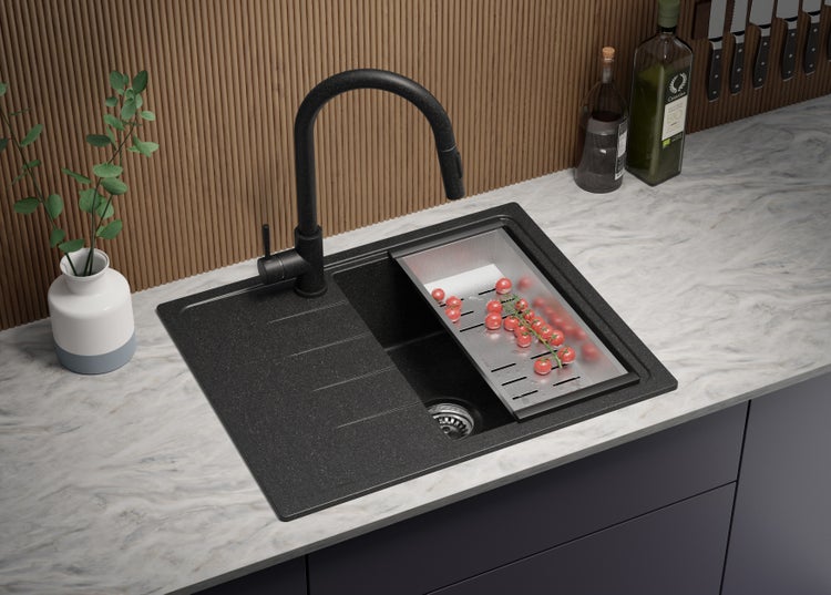 PRIMAGRAN Granitspüle Anthrazit 62x50cm, Spülbecken 1 Becken + Küchenarmatur 40x20cm + Ablauf-Set, Küchenspüle ab 40er Unterschrank - Mailand