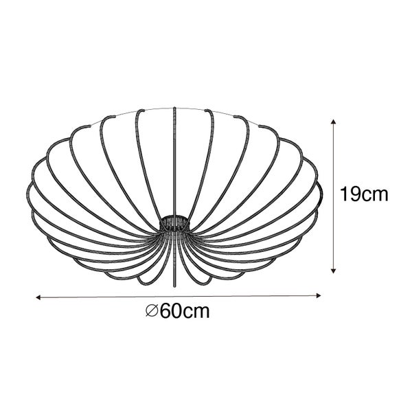 Maßzeichnung einer runden gerippten Deckenleuchte: Durchmesser 60 Zentimeter, Höhe 19 Zentimeter.