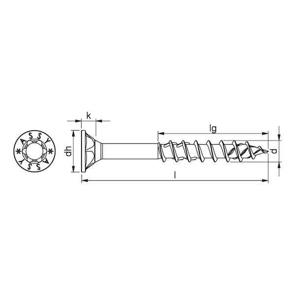 Technische Zeichnung einer Holzschraube mit Senkkopf, Teilgewinde, ASSY Logo und Maßangaben für Länge und Durchmesser.