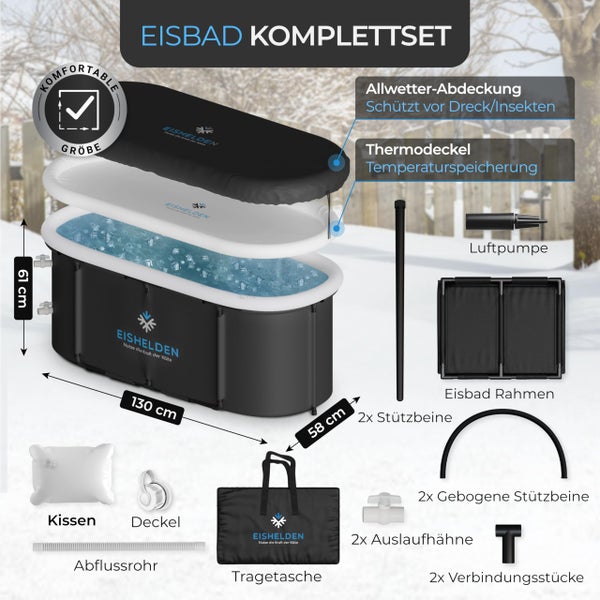 Eisbad-Komplettset mit Becken, einhundertdreißig mal achtundfünfzig mal einundsechzig Zentimeter, Abdeckung, Thermodeckel, Pumpe und Eishelden Logo.