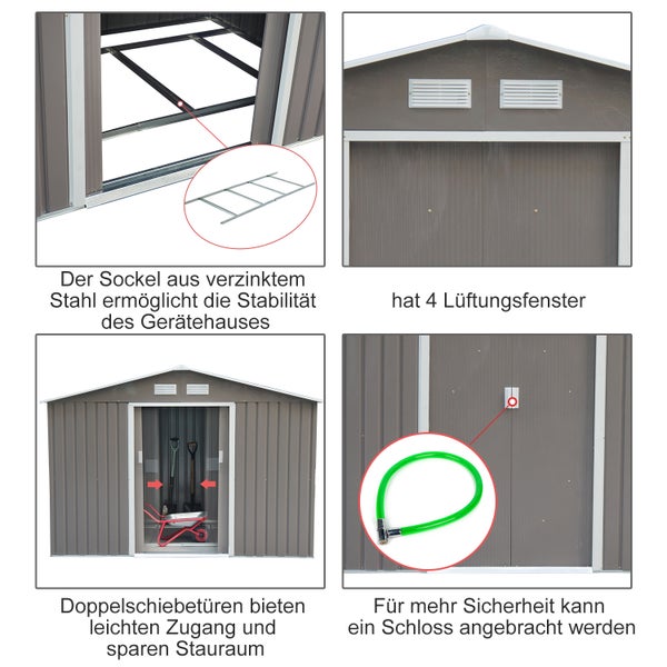 Outsunny Gerätehaus, Gartenhaus mit Bodenrahmen und Schiebetüren, wetterfest, 213 x 130 x 185 cm, Stahl, Grau
