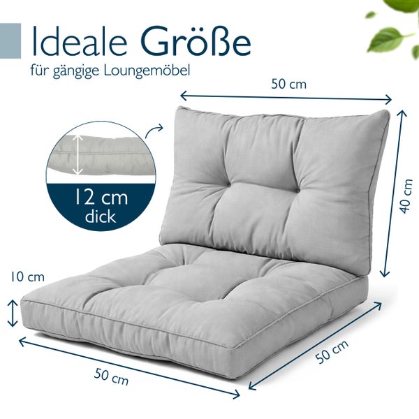 Graues gestepptes Loungekissen: Sitzfläche 50 mal 50 Zentimeter (10 Zentimeter dick), Rückenlehne 50 mal 40 Zentimeter (12 Zentimeter dick).