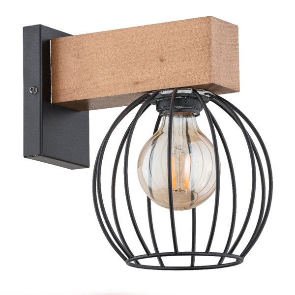 Moderne Wandleuchte in Kombination aus Holz und Metall mit einem runden Lampenkäfig und einem Leuchtmittel im Vintage Stil