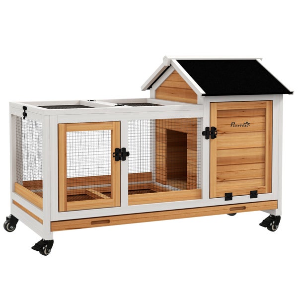 PawHut Zwergkaninchenstall aus Holz, 108 x 58 x 73,5 cm Kleintierstall mit Freilaufgehege, Rädern, Klappdach, Zwergkaninchenkäfig mit Ausziehbarem Tablett für Indoor, Outdoor, Gelb